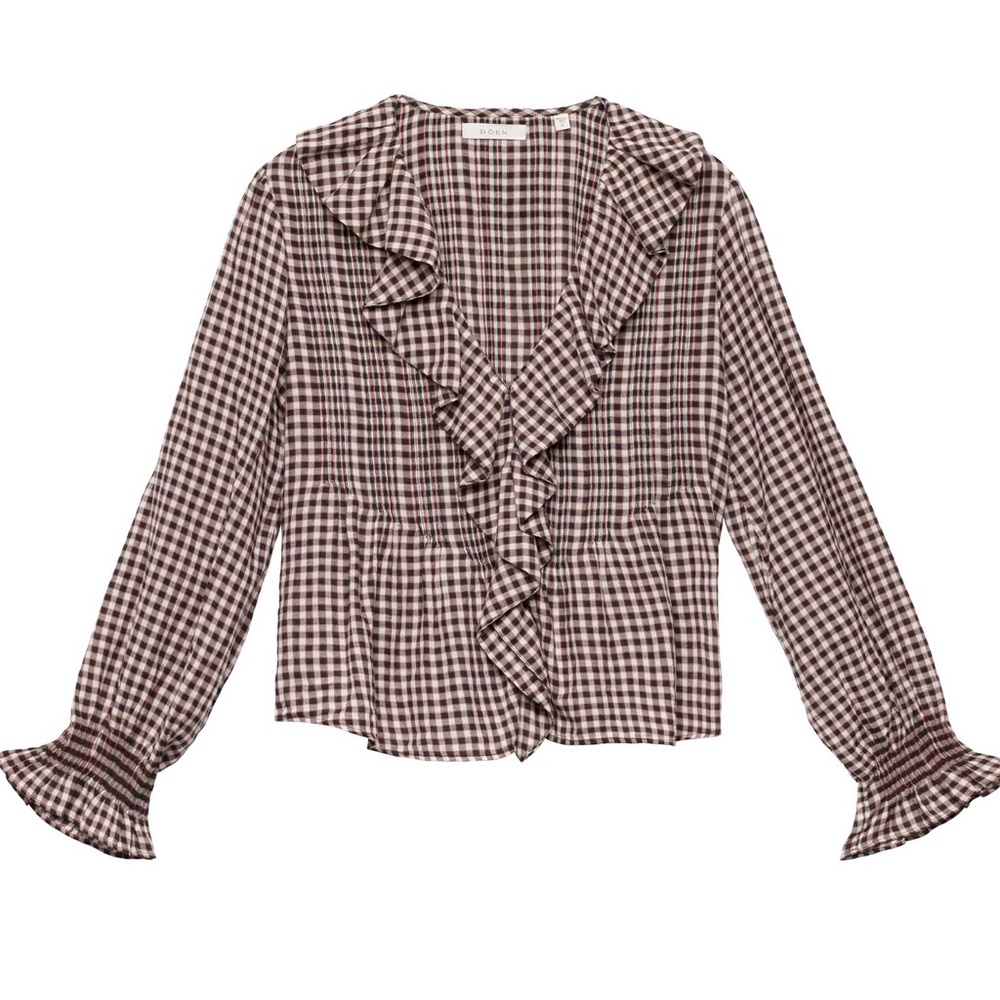 Doen Hardy Ruffle Button Pintuck V Neck Long Sleeve Blouse Top in Delphine Plaid